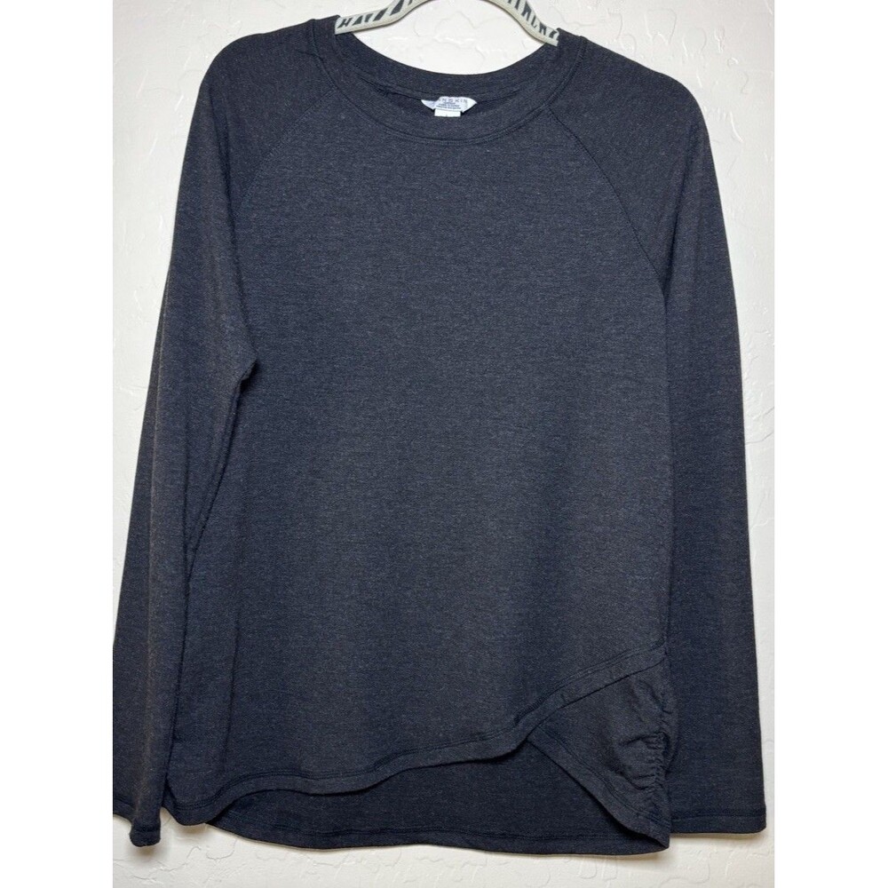 Danskin Womens L Black Heathered Long Sleeve Top Ruched Side Crossover Hem